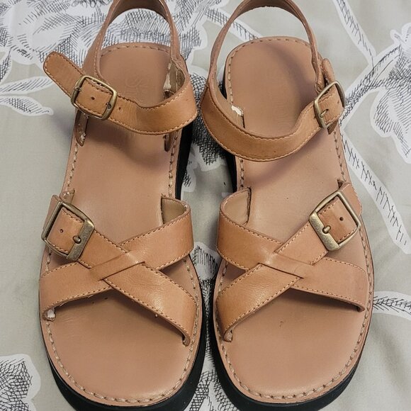 Simple Tan Leather Platform Ankle Strap Sandals 7.5M - Picture 1 of 5